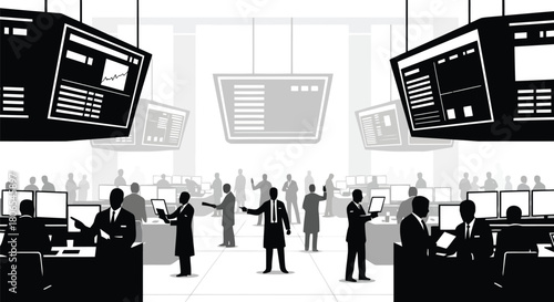 Illustration of silhouette of traders and analysts in a busy stock exchange trading floor with multiple screens displaying financial data