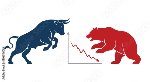 Illustration of bull and bear fighting near a downward trending stock market graph, symbolizing market volatility and trading