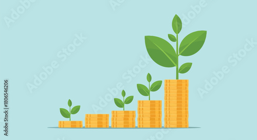 Illustration of financial growth concept with plants growing on stacks of coins, symbolizing investment and profit