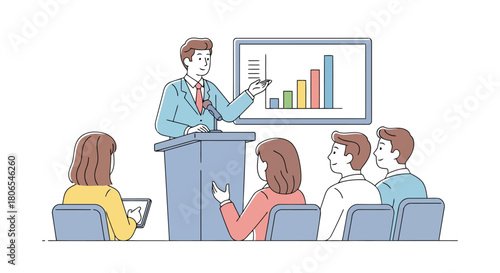 Illustration of man giving presentation with bar chart on screen to audience in meeting room on