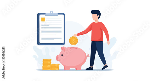 Illustration of man putting coin into piggy bank with stack of coins and document on