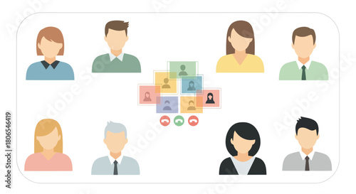 Illustration of diverse group of people participating in a video conference call, showcasing remote communication and collaboration in a modern business setting