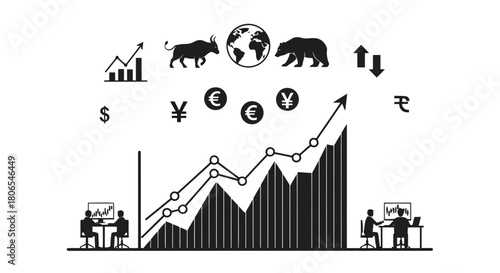 Illustration of financial market concept with bull and bear symbols, currency signs, and upward trending graph