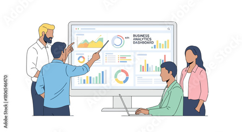 Illustration of team of professionals analyzing business analytics dashboard on a large computer screen, data visualization
