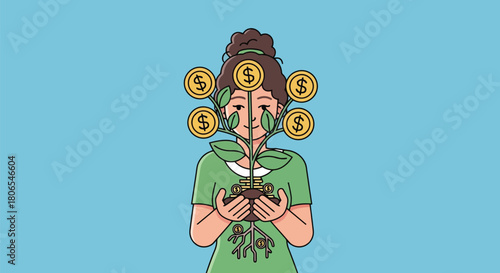 Illustration of woman holding a plant with money coins growing like fruit, symbolizing financial growth