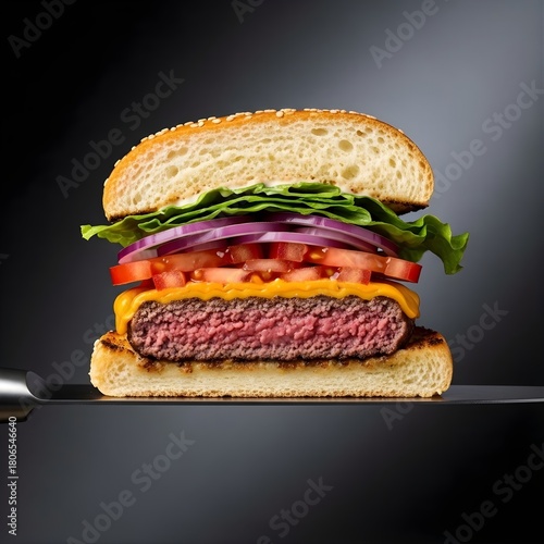 Half Cut Cheeseburger with Fresh Vegetables and Melted Cheese on Dark Background – Gourmet Fast Food