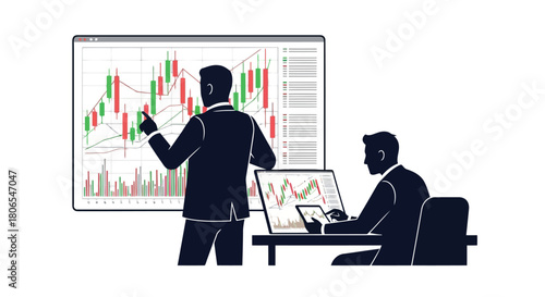 Illustration of two businessmen in silhouette are analyzing stock market data on a large screen and a laptop, showing financial growth