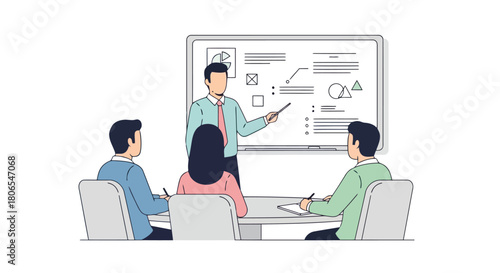 Illustration of a teacher or presenter is explaining a diagram on a whiteboard to three students or colleagues in a meeting room