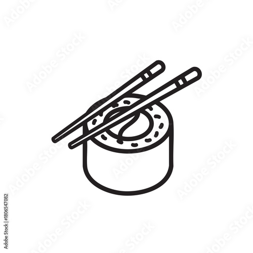 Sushi Roll Icon with Chopsticks, Simple Black and White Line Art. Japanese Maki Vector Illustration for Asian Food Restaurant Menu or Seafood Logo.