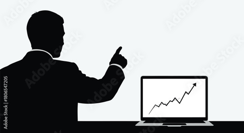 Illustration of silhouette of a businessman pointing at a laptop screen displaying a rising graph