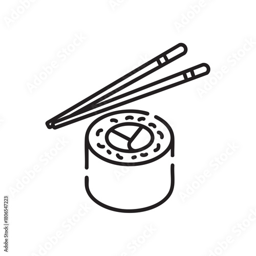 Sushi Roll Icon with Chopsticks, Simple Black and White Line Art. Japanese Maki Vector Illustration for Asian Food Restaurant Menu or Seafood Logo.