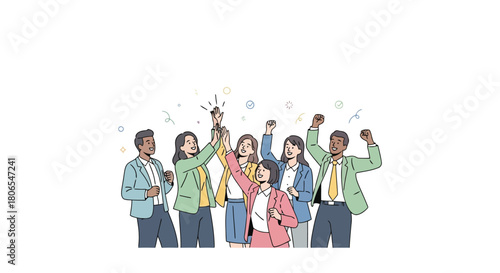 Illustration of group of diverse people celebrating success with high fives and raised arms