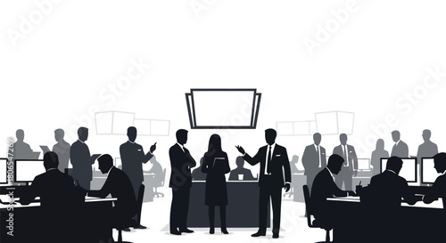 Illustration of silhouettes of business people in an office meeting with a blank screen display