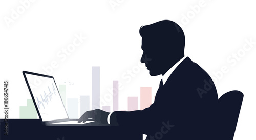 Illustration of silhouette of a businessman working on a laptop with a financial stock market graph in the background, symbolizing analysis and online trading
