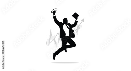 Illustration of excited businessman jumping in the air with a briefcase and hat, celebrating success