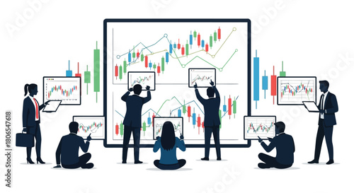Illustration of business people analyzing stock market charts and graphs on screens