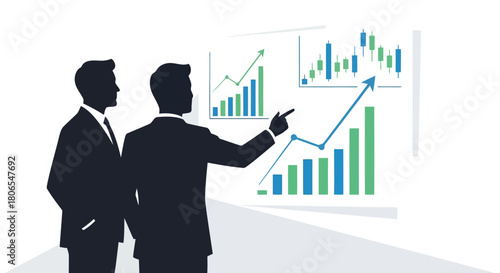 Illustration of two businessmen pointing at a financial growth chart and stock market candlestick graph