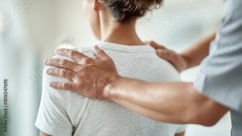 Video of therapy session at chiropractor's office. Male therapist adjusting female patient's back and neck