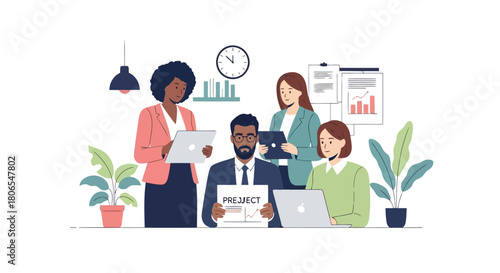 Illustration of diverse team of professionals collaborating in a modern office setting, discussing project strategy and planning with laptops and documents