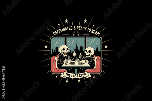 Two Skeletons Enjoying Coffee at a Diner Table.