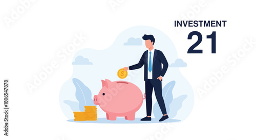 Illustration of a businessman in a suit putting a coin into a piggy bank, with stacks of coins nearby, representing saving, investment, and financial growth
