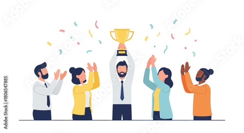 Illustration of a diverse group of business people celebrating success, holding a trophy and clapping, with confetti falling around them