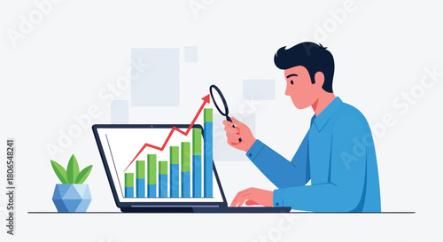 Illustration of a man in a blue shirt intently examines a laptop screen displaying a rising bar graph, using a magnifying glass to analyze financial data and trends