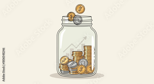 Illustration of handdrawn illustration of a glass jar filled with stacked coins and a rising bar graph, symbolizing savings and financial growth, isolated on a light background