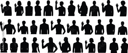 Silhouettes of diverse people waving hands, black vector illustration of friendly greetings and communication gestures in social interaction set