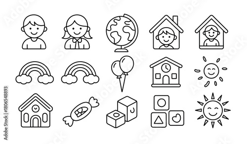 A collection of simple line art icons depicting children, houses, a globe, rainbows, balloons, candy, blocks, and smiling suns.
