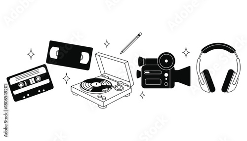Retro media devices and music equipment vector illustration
