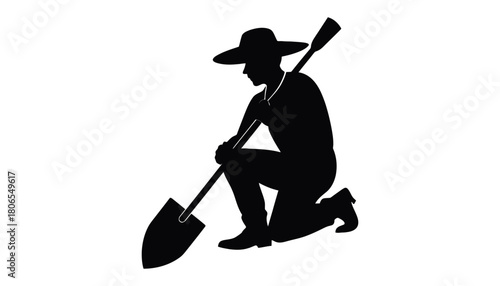 Silhouette of farmer with shovel gardening and agriculture work