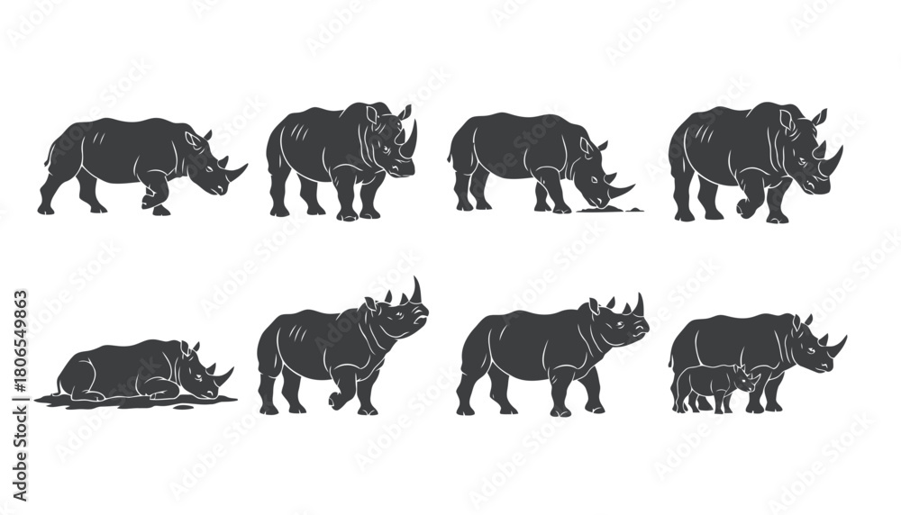 Fototapeta premium Rhinoceros (Rhino) Mammal Vector Silhouettes: Set of Dark Monochrome Icons of Large African Animals in Various Poses