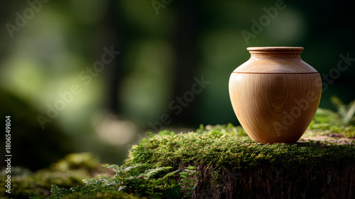 Wooden cremation vase placed on moss-covered tree stump in a serene forest setting with soft natural light and blurred green background