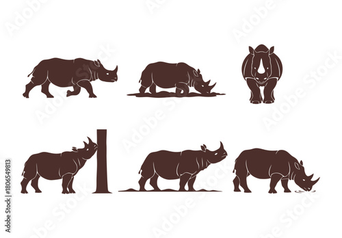Diverse collection of rhinoceros animal silhouettes in various poses, including standing, grazing, and frontal view, suitable for African wildlife and conservation.