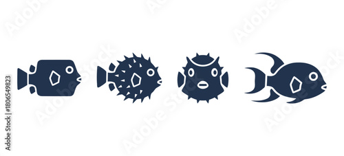 Fish and Pufferfish Sea Creatures Vector Icons: Set of Stylized Monochrome Silhouettes for Ocean and Marine Life Design