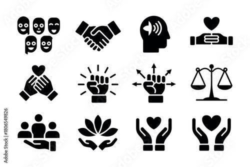 A collection of abstract icons representing concepts of community, connection, empathy, empowerment, and justice.