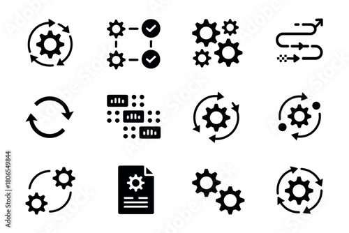 A collection of icons representing business processes, workflow management, and mechanical operations.