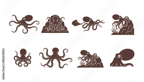 Octopus Cephalopod Sea Creature Vector Silhouettes: Set of Monochrome Icons in Various Poses Including on Rocks and Releasing Ink