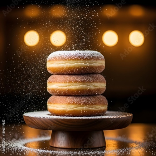 Stack of Sugar-Dusted Donuts on Wooden Stand – Sweet Bakery Dessert with Warm Lighting