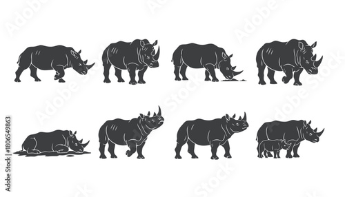 Rhinoceros (Rhino) Mammal Vector Silhouettes: Set of Dark Monochrome Icons of Large African Animals in Various Poses