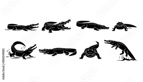 Crocodile and Alligator Reptile Vector Silhouettes: Set of Black Icons in Various Aggressive and Resting Poses in Water