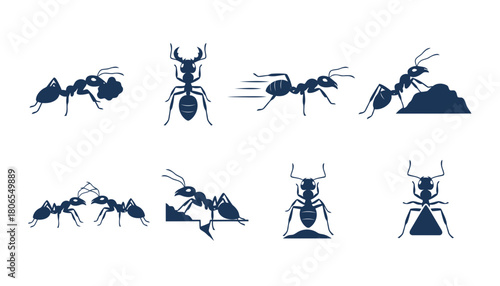 Ant Insect Vector Silhouette Set: Monochrome Icons of Ants in Different Activities Such as Carrying Food, Running, and Climbing Anthills
