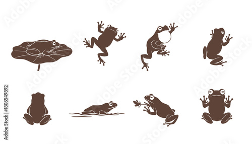Brown Frog Vector Silhouettes Set: Monochrome Icons of Amphibians in Different Poses Including Sitting, Jumping, and Catching a Fly
