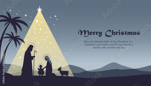 A serene nativity illustration with glowing Christmas star, holy silhouettes, and elegant greeting. Perfect for holiday cards, posters, and seasonal designs.