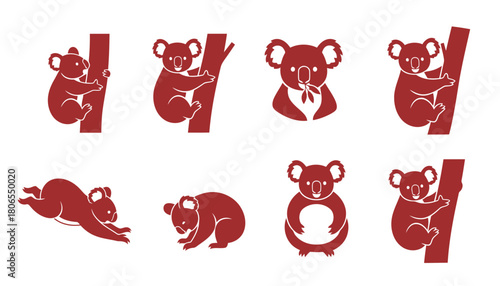 Koala Bear Marsupial Vector Silhouettes: Set of Red Icons of Australian Mammals Climbing and Sitting on Tree Branches