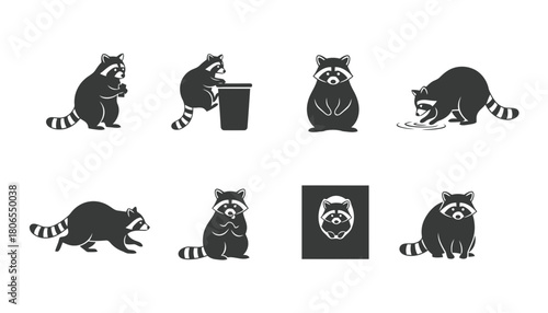 Raccoon Mammal Vector Silhouettes: Set of Dark Icons of North American Animals in Various Urban and Wild Poses, including Garbage Can