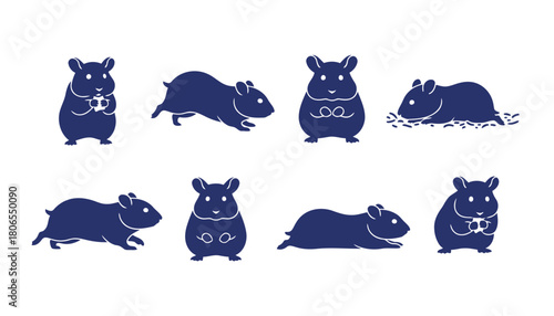 Hamster Rodent Vector Silhouettes: Set of Blue Icons of Small Cuddly Pets in Various Poses Including Eating and Running