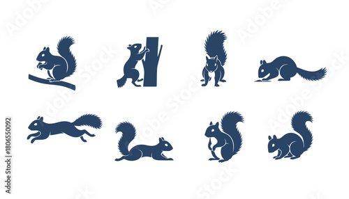 Squirrel Rodent Vector Silhouettes: Set of Dark Icons of Tree-Dwelling Mammals in Various Poses Including Running and Climbing Trees