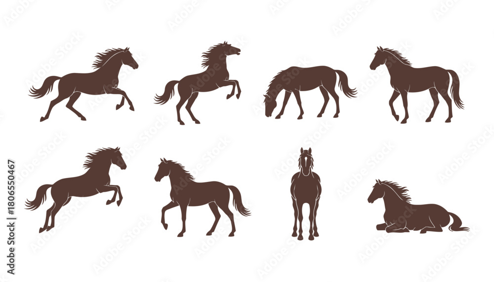 Obraz premium Collection of Horse Icons Vector Illustration, featuring Equine Silhouettes in Various Dynamic Poses like Running, Trotting, and Standing in Dark Brown Color